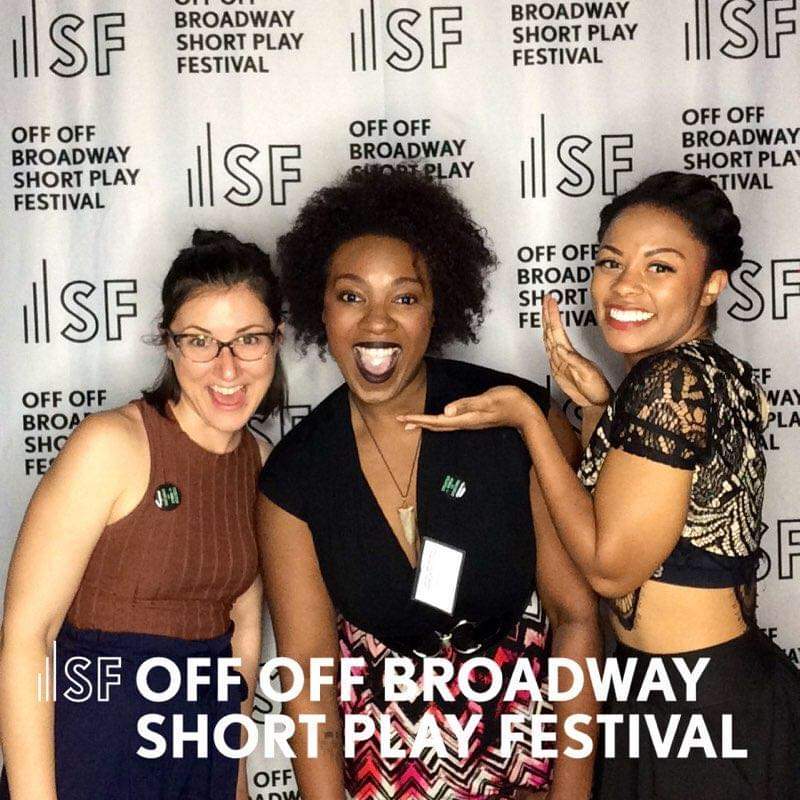 Photo of Alayna Jacqueline, Mallory Metoxen, and Jennifer Young in front of Samuel French Off Off Broadway backgroun